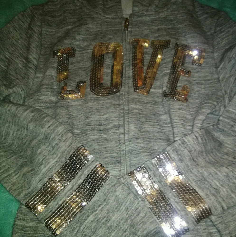 Gray Zip Up  Love Hoodie W Gold & Silver Sequins